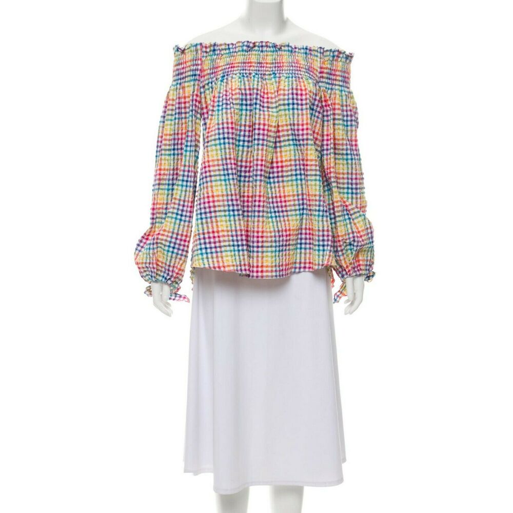 CAROLINE CONSTAS Lou off the shoulder gingham seersucker blouse top in rainbow S - Picture 7 of 7